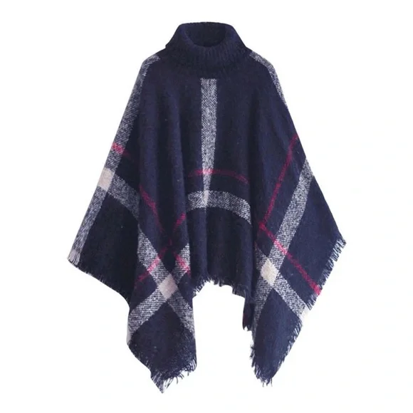 SOLD OUT CLEARANCE Plaid Turtleneck Cape Poncho Knit Sweater - Picture 4 of 7